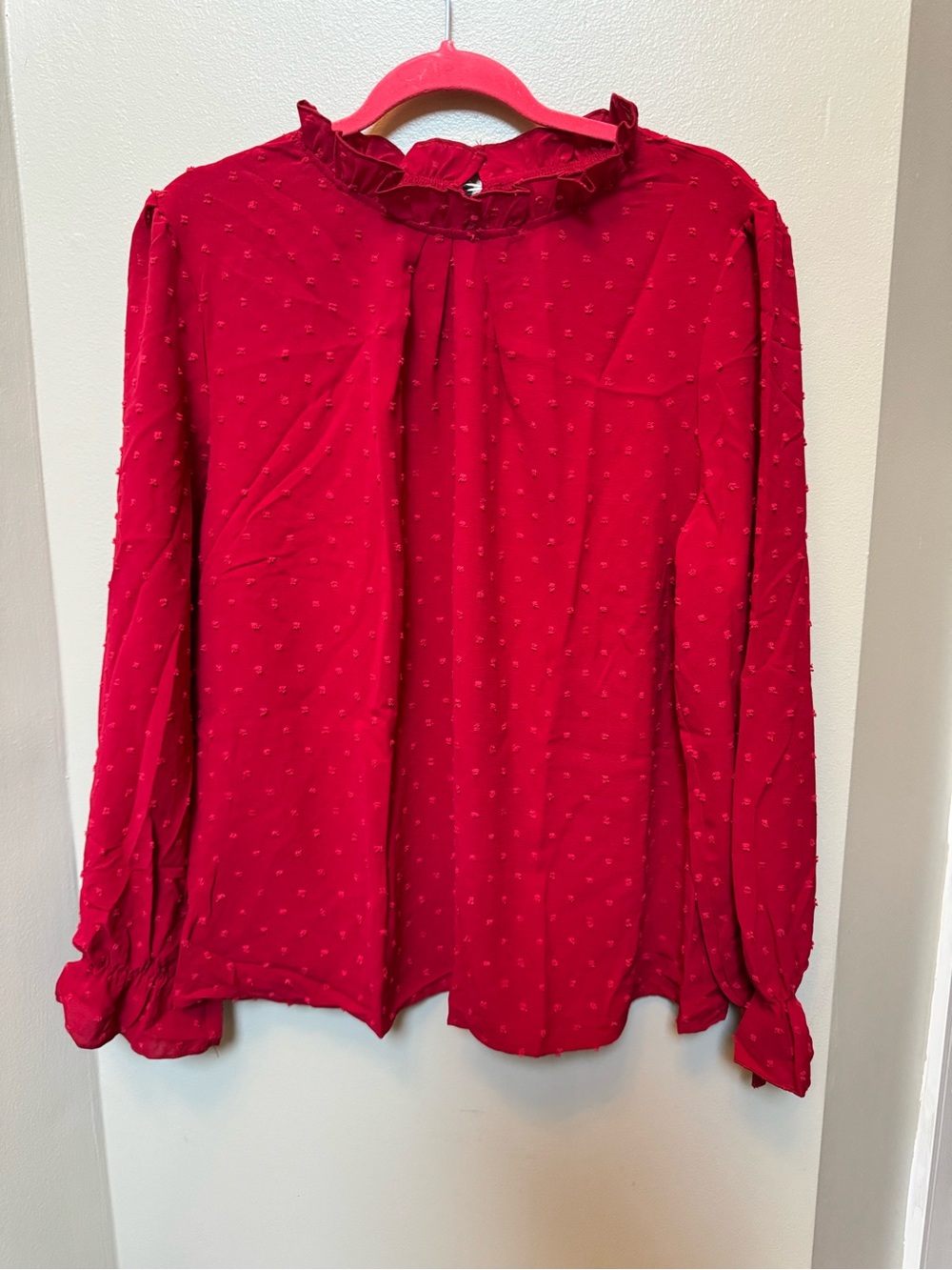 SHEIN Red Swiss Dot Ruffle Neck Blouse